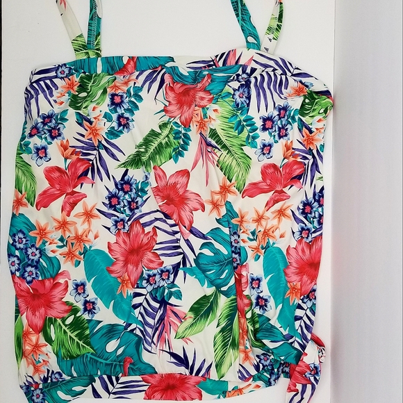 Swimsuits For All Colorful Tropical Floral Print Bandeau Blouson Takini Swim Top - Picture 2 of 9